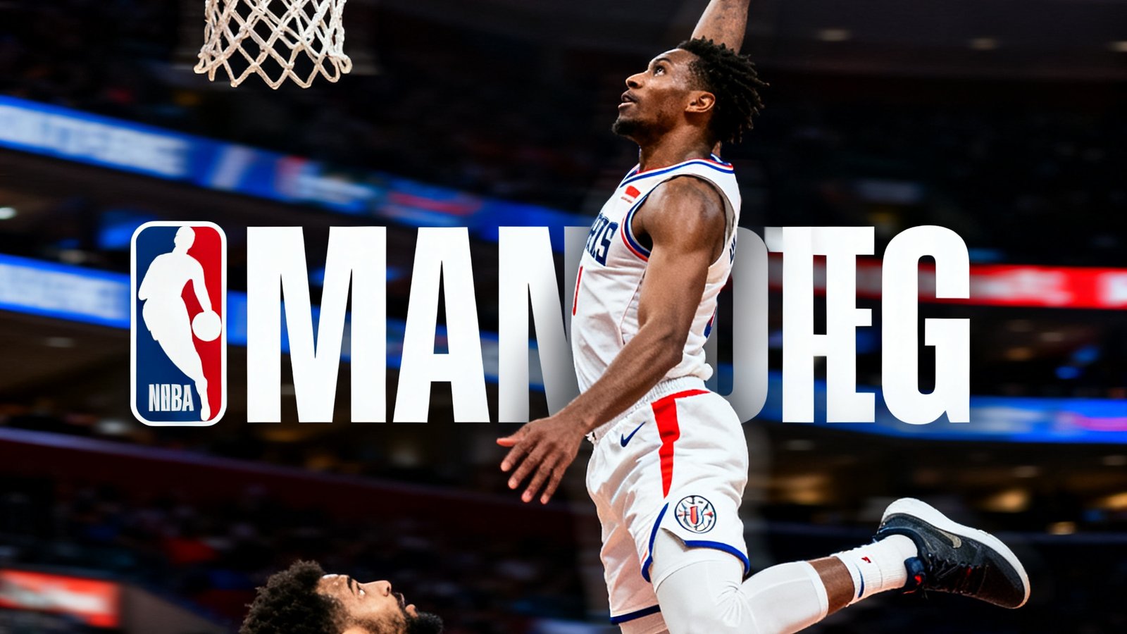 NBA常规赛集锦视频封面，球员飞身扣篮的空中姿态被定格，篮球在指尖旋转，下方防守球员仰头注视